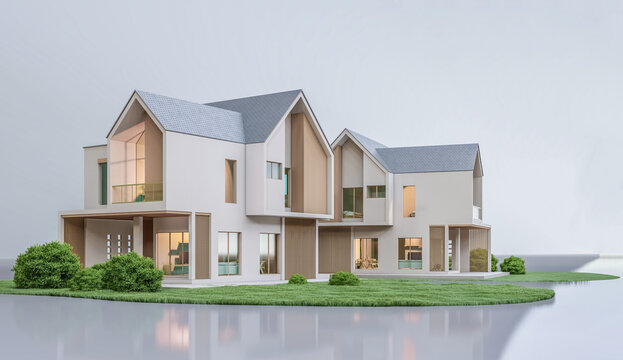 Architecture 3d rendering illustration of modern minimal house on white background