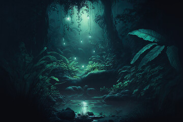 Night tropical jungle background. Atmospheric fantasy forest. AI	