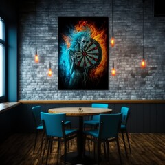 darts table with ice and fire  with hanging chandeliers