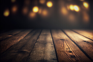 Empty wooden table surface with empty space, bokeh background. AI