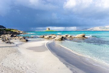 view of the idyllic white sand beach of La Pelosa in northwestern Sardinia