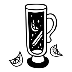 Glass of hot wine. Christmas mulled wine with cinnamon stick and lemon slices. Vector drawing doodle. Traditional festive winter cocktail.