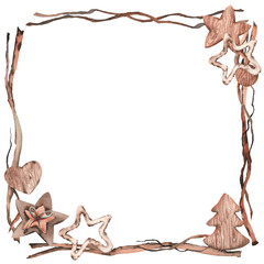 Christmas frame with dry twigs and wood decoration. Watercolor illustration on white background.