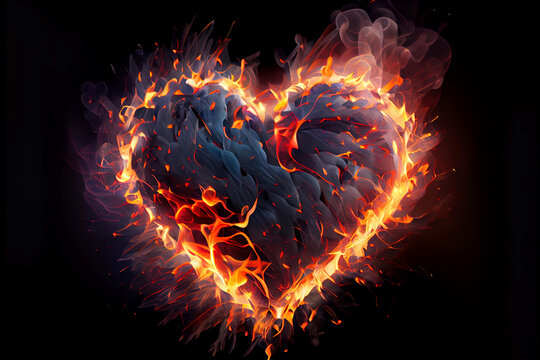 Burning heart - symbol of love. Heart made of fire, spark and smoke on black background. St. Valentine's concept.  
Digitally generated AI image