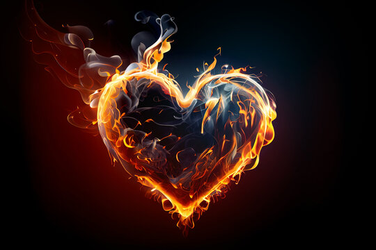 Burning heart - symbol of love. Heart made of fire, spark and smoke on black background. St. Valentine's concept.  
Digitally generated AI image