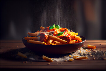 Penne pasta in bowl on wooden background
