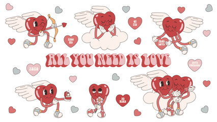 Groovy lovely big set hearts stickers cupid. Love concept. Happy Valentines day. Funky happy heart character in trendy retro 60s 70s cartoon style. Vector illustration in pink red colors.