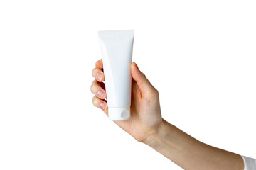Young woman holding an empty tube of hand cream on transparent background png. Mockup, copy space....