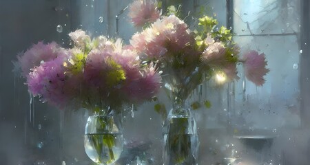 A bouquet of roses in a vase placed on a window sill _11