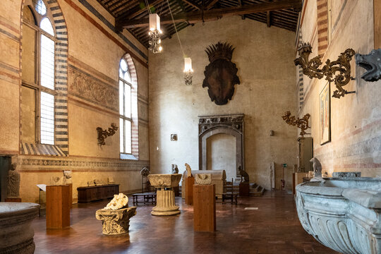 Florence, Italy - August 27, 2022: Medieval and Renaissance art exhibition "Salvatore Romano Foundation", housed in the cenacle of the Basilica of Santo Spirito, Oltrarno quarter, Florence, Italy
