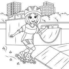 Girl rollerblading at the skatepark. Coloring book for children. Vector illustration