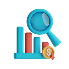 Minimal Graph dropping, Chart down arrow with magnifying glass. 3d render illustration