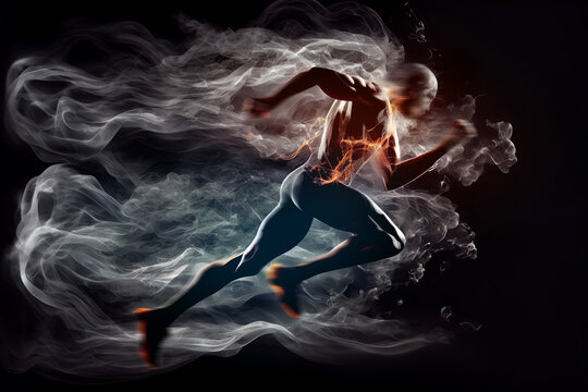 Running smoke silhouette in dark. Digitally generated AI image