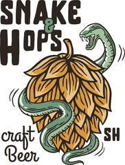 Beer hop with snake for print. Original brew design of hop with serpent for bar
