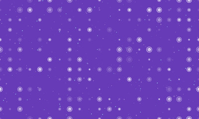 Seamless background pattern of evenly spaced white sushi roll symbols of different sizes and opacity. Vector illustration on deep purple background with stars