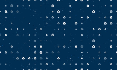 Seamless background pattern of evenly spaced white instant coffee symbols of different sizes and opacity. Vector illustration on dark blue background with stars
