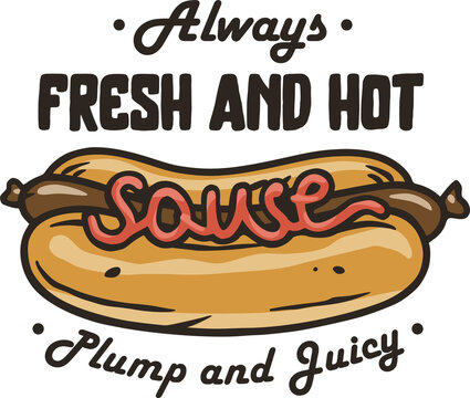 Hot Dog With Sausage For Print. Original Food Design With Hotdog With Wiener For American Fastfood And Bistro