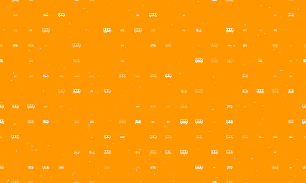 Seamless background pattern of evenly spaced white bus symbols of different sizes and opacity. Vector illustration on orange background with stars