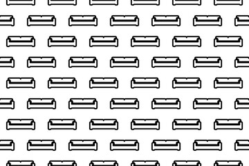 Seamless pattern completely filled with outlines of sofa symbols. Elements are evenly spaced. Vector illustration on white background