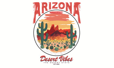 Arizona desert retro print design for t-shirt. Arizona desert vibes  graphic print design. Western desert design for poster, sticker and others. Watercolor art.