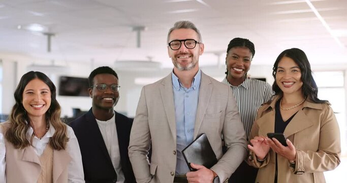 Diversity, business people and smile portrait in office for company goals success, employee leadership and positive corporate mindset. Interracial teamwork, ceo management support and staff happiness