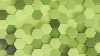 3D Futuristic green hexagon mosaic background. Realistic geometric mesh cells texture. Abstract honeycomb grid wallpaper