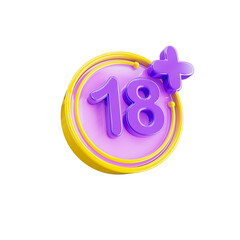 Age restriction 18+ 3d icon in transparent background. 3d symbol and sign. Modern and minimalistic. 3D rendered Illustration.