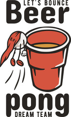 Beer pong game. T-shirt print with beer flying ball man for design competition or tournament in bar. Alcohol sport with throw and drink. College challenge with booze