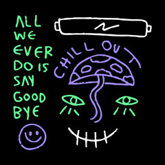 Modern street art graffiti, with mushroom, eyes, quote, smile face element. Artwork for street wear, t shirt, posters, bomber jackets, hoodie, patchworks, enamel pins; for clothes.