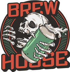 Obraz premium Beer skull and metal can with foam splash. Skeleton with beer can in bone hand for brewery or bar. Craft beer vector logo or emblem for label design of tin for pub and beer store.
