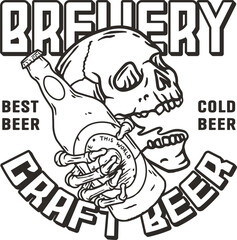 Skeleton with beer bottle in bone hand for design of label or poster. Brewery emblem, craft beer vector logo or print for pub, bar or beer store.