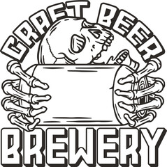 Beer print with skull and metal can. Skeleton with beer can in bone hands for brewery or bar. Craft beer vector logo or emblem for label design of tin for pub and beer store.