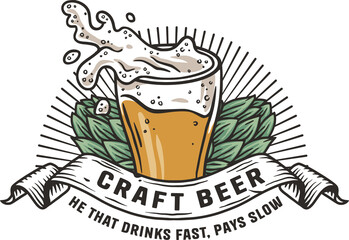 Beer glass with splashes foam and hops for bar emblem or pub. Brewery logo design with mug, hop and froth for craft shop or beer label.