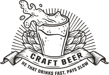 Beer glass with splashes foam and hops for bar emblem or pub. Brewery logo design with mug, hop and froth for craft shop or beer label.