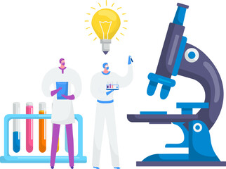 Coronavirus vaccine in medical laboratory, doctor people making medicine for virus disease vector illustration. Scientist character research infection