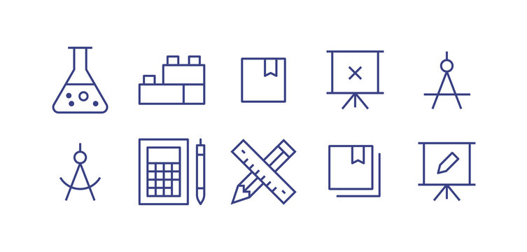 Education line icon set. Editable stroke. Vector illustration. Containing flask, blocks, notebook, presentation times, drawing compass, accountant, pencil, notebooks, presentation edit.