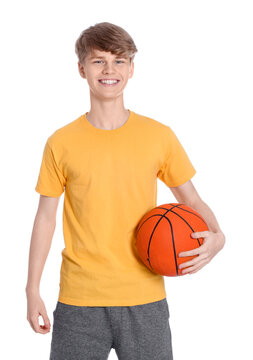 Teenage Boy With Basketball Ball On White Background