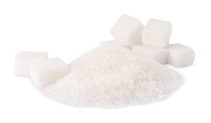Granulated and cubed sugar isolated on white