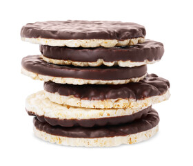 Stack of puffed rice cakes with chocolate spread isolated on white