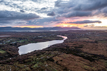 Aerial view amazing sunset at Lough Fad by Portnoo in County Donegal - Ireland