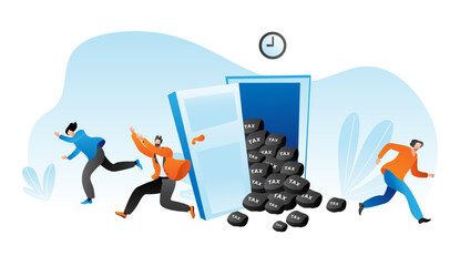 Obraz premium Time to pay tax, people run escape from finance problem vector illustration. Cartoon man woman character avoid debt document banner.