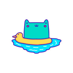 Kawaii frog swimming with rubber duck, illustration for t-shirt, sticker, or apparel merchandise. With modern pop and retro style.