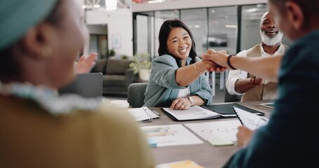 Deal, handshake and applause with business people in meeting for partnership, target and success. Winner, congratulations and welcome with employee shaking hands for sales, thank you and goals - Powered by Adobe