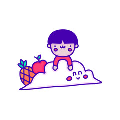 Kawaii kid with cloud, pineapple, and apple fruit, illustration for t-shirt, sticker, or apparel merchandise. With modern pop and retro style.