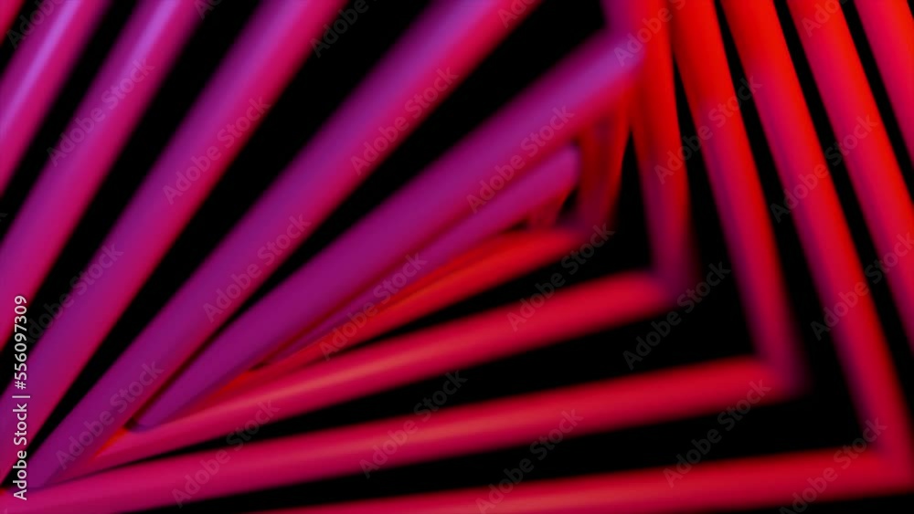 Poster smooth rotation of the background of triangles shapes on a isolated black background. red color. 3d 