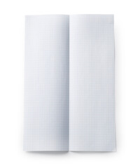 Checkered sheet of paper with crease on white background, top view