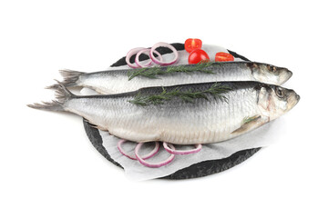 Slate plate with salted herrings, onion rings, dill and cherry tomatoes isolated on white