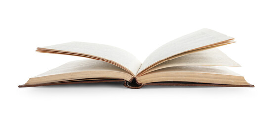 Old open hardcover book isolated on white