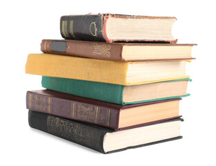 Stack of many old hardcover books isolated on white