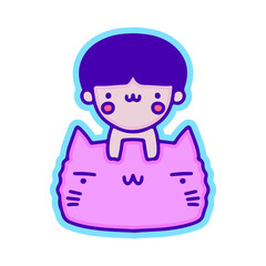 Kawaii kid and cat, illustration for t-shirt, sticker, or apparel merchandise. With modern pop and retro style.